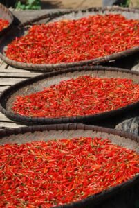 fresh chilli, red, dried chilli, baskets, three, ingredients, hot chilli, spices, red and green